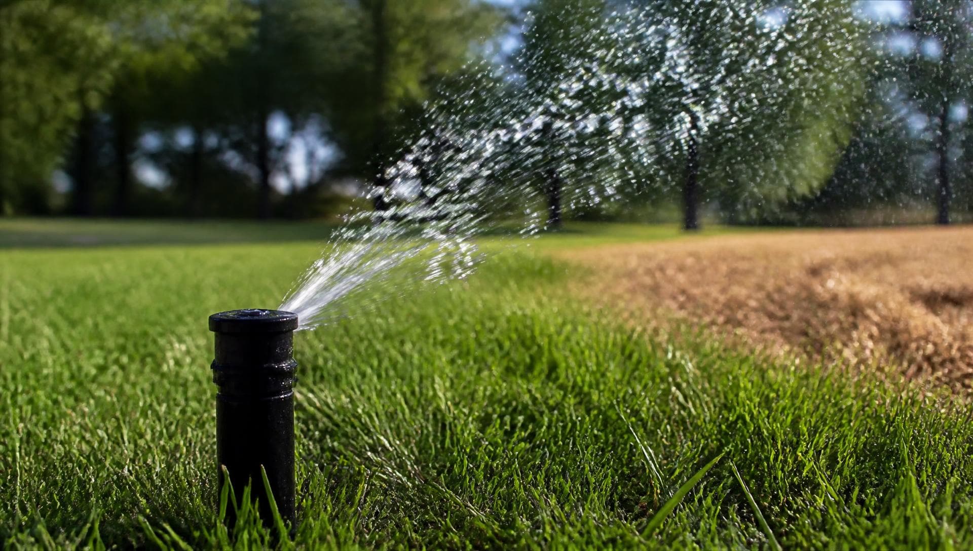 Pop-up sprinkler head spraying unevenly next to a dry brown patch of lawn