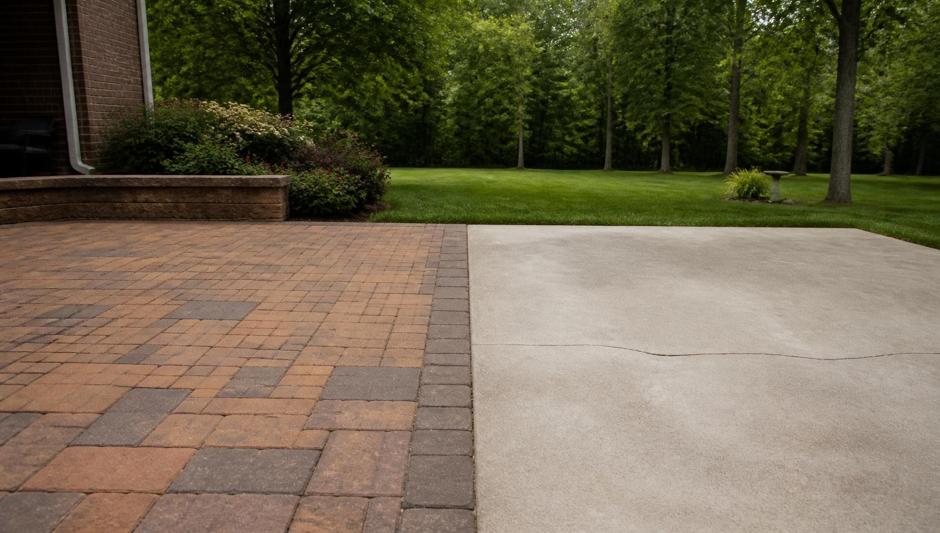 Interlocking paver patio beside a cracked poured concrete patio in a backyard