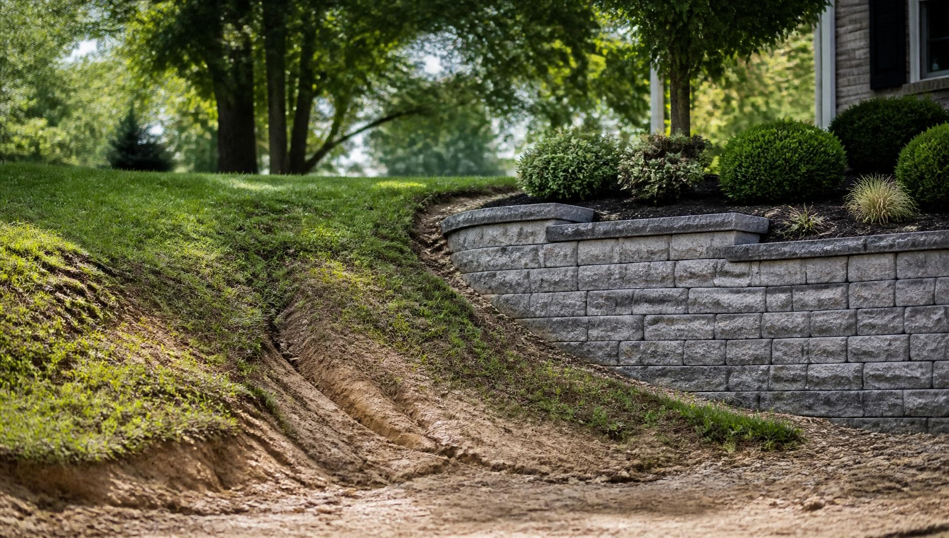 Segmental block retaining wall beside an eroding bare slope in a Kentucky yard